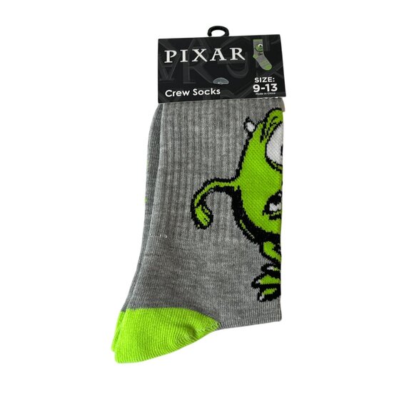 Green Monster Socks Mens Crew Size 9-13 Gray Character Style Gift Pixar Look - Picture 1 of 7